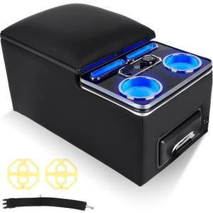 Upgraded Center Console with Lock, Truck Bench Front Seats Center Console Organizer and Storage, Cup & Phone Holder for Minivan SUV Van, Fast Phone Charging & 7-Color Adjustable LED Lighting (Black)