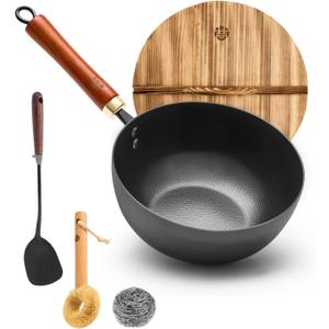 WANGYUANJI Iron Wok 8.7 Inch Deep Frying Skillet with Wooden Lid  Versatile Flat Bottom Stir-Fry Pan, Chemical-Free & Induction Compatible, Ideal Wrought Iron Small Wok for Home, Chef & Pro Use (Black)