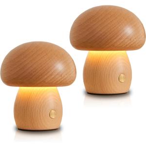 2 Pack Wooden Mushroom Lamp, Portable Cordless Small Rechargeable Battery Operated Lamp,Stepless Dimming, Night Light for Birthday Gifts