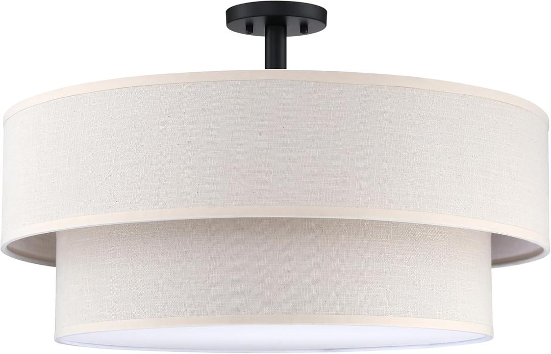 5 Light 22" Cream Fabric Black Semi Flush Mount Close to Ceiling Light Fixture
