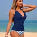 ZAFUL Womens Tankini Swimsuits Smocked 2 Piece Bathing Suits Modest Tie Back Swimwear (Blue, Medium)