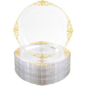 Nervure 100PCS Clear and Gold Plastic Plates - 10.25Inch Gold Disposable Plates - Heavyweight Dinner Plate for Wedding & Party