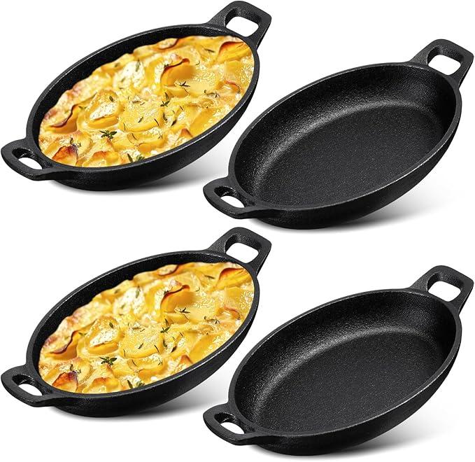 Mifoci Pack of 4 Oval Serving Dish Mini Cast Iron Skillet Cast Iron Baking Pan Sizzling Plate Matte Black Gratin Cookware for Home Restaurant Kitchen Food Service Barbecue (7.1" X 4.7")