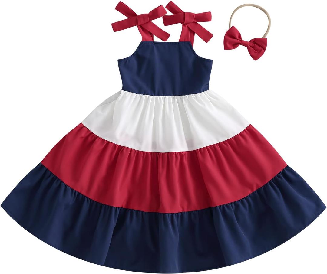 Toddler Little Girls Rainbow Dress Princess Flowy Dresses Ruffle Boho Sundress Fourth 4th of July Outfit (Flowy Navy Blue Red White, 4-5 Years)