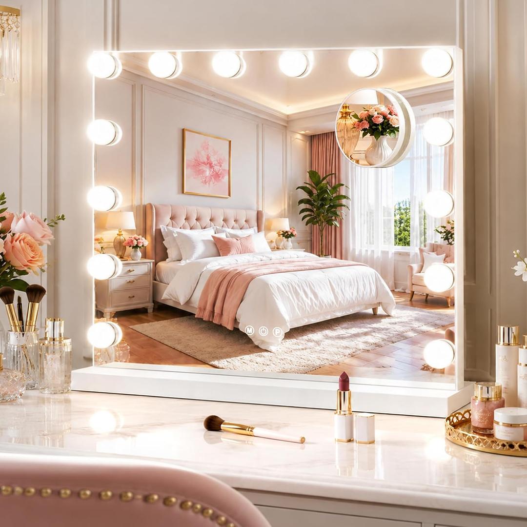 23"x19" Vanity Mirror with 3-Color Lights, 14-Bulb Dimmable, 10X