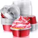 40 Sets Aluminum Foil Cake Pan Heart Shaped Cupcake Cup with Lids 100 Ml/ 3.4 Ounces Disposable Mini Cupcake Cup Baking Cups for Mother's Day Housewarming Gifts Valentine Wedding Xmas Birthday(Red)