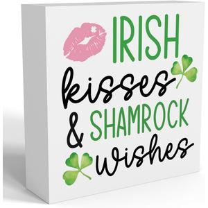 St Patrick's Day Decorations Irish Kisses and Shamrock Wishes Decor Funny Table Party Decor Shamrocks Decorations Irish Gifts for Home, Wooden Box for Home Party Festival Shelf Tiered Decor