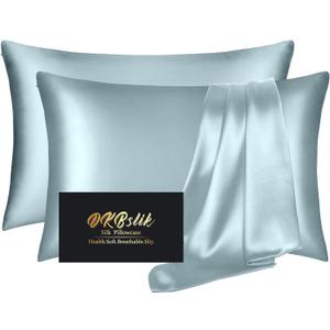 Silk Pillow Cases 2 Pack, Mulberry Silk Pillowcases Standard Set of 2, Smooth, Anti Acne, Beauty Sleep, Both Sides Natural Silk Satin Pillow Cases for Women 2 Pack with Zipper for Gift, Aqua Blue