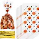 100 Sets Halloween Pumpkin Print Cone Cellophane Bags Heat Sealable Halloween Treat Candy Gift Bags and Golden Twist Ties for Treat Party Favor
