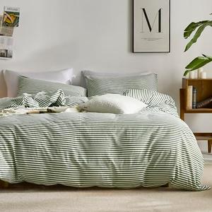 JELLYMONI 100% Natural Cotton 3pcs Striped Duvet Cover Sets, White with Green Stripes Pattern Printed Comforter Cover, with Zipper Closure & Corner Ties(Queen Size)