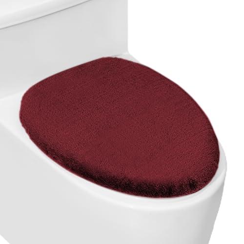 Soft Plush Toilet Lid Cover for Bathroom, Machine Washable Toilet Seat Covers, Fits Most Round Elongated and Oblong Lids, Easy Installation& Cleaning (Burgundy)
