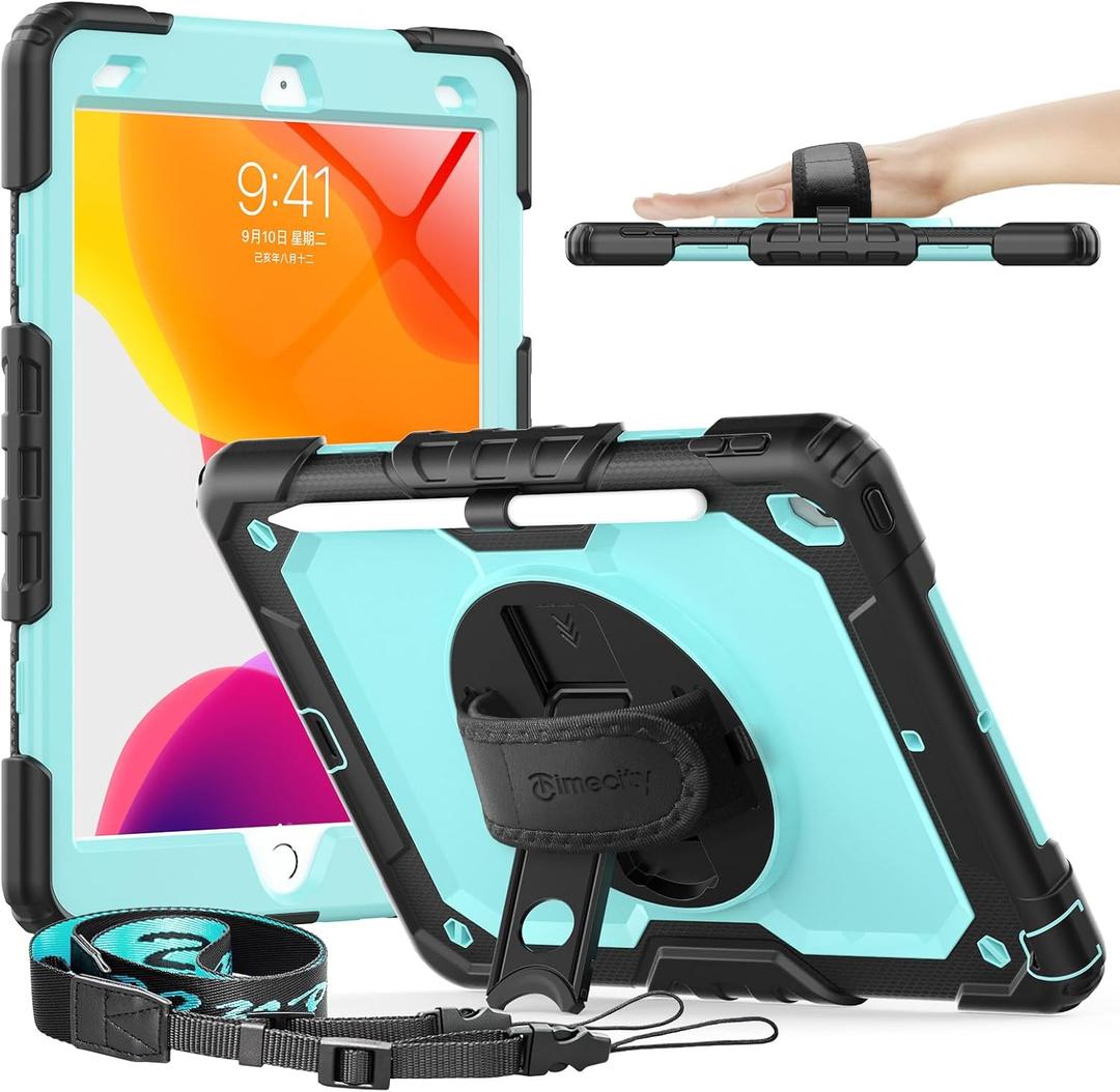 Timecity Case for iPad 9th/ 8th/ 7th Generation 10.2 inch - Heavy Duty Protective Cover with Screen Protector, Rotating Stand, Shoulder Strap & Pencil Holder | Kids-Friendly (Blue) (Black+ Light blue)