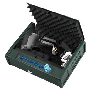 Biometric Pistol Safe for 2–4 Guns, Quick Access Handgun Lock Box with 5-Digit Backlit Keypad, USB-C Emergency Power, Silent Mode & Green Micro-Fiber Leather Design for Home, Car, Bedside Use