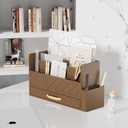 WISUCART Bamboo Desk Organizer Mail Holder Countertop Wood Desk Drawer Tabletop Storage Box Pen Holder Letter Sorter Makeup Organizer for School Home Office Supplies with Pen Holder Brown