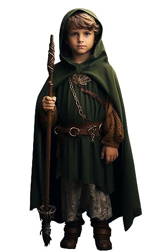 HOMELEX Green Renaissance Costume for Boys - Kids Medieval Cloak With Hood Halloween Ranger Wizard Elven Hooded Cape Robe, S