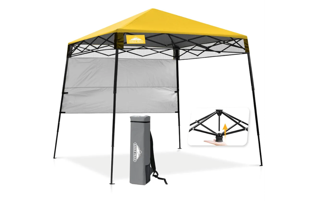 EAGLE PEAK 8x8 Pop Up Canopy Tent with Sidewall, Compact, Portable Slant Leg Instant Sun Shelter for Beach, Sports, & Camping, 8x8 Base 6x6 Top, Yellow