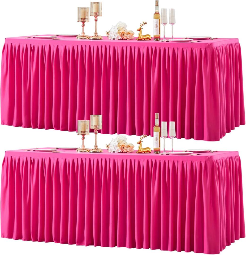 2 Packs Hot Pink Tableclothes for 8 Foot Rectangle Tables, Wrinkle Free Fitted Table Cloth 8ft Stretch Table Cover with Skirt for Parties Weddings Birthday Banquet Baby Shower