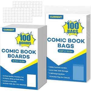 100 Pack Current Comic Book Bags and Boards, 6.87" x 10.5" Acid-Free Comic Book Sleeves, Clear Protector Sleeves for Comics (100 Comic Book Bags+100 Comic Book Boards)