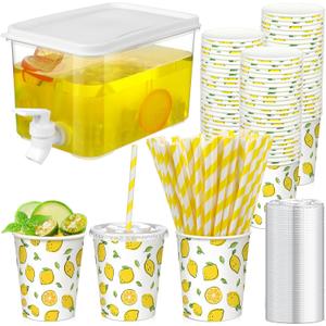 151 Pcs Lemonade Stand Supplies Lemonade Stand Kit Plastic Drink Dispenser 50 Set Disposable Cup with Lids Straws Fridge Water Beverages Dispenser with Spigot for Fruit Juice(Cup-9oz)