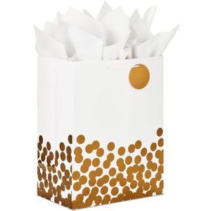 Hallmark 17" Extra Large Gift Bag with Tissue Paper (White with Gold Polka Dots) for Valentine's Day, Weddings, Engagements, Bridal Showers, Graduations, Retirements, Birthdays