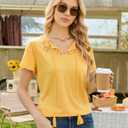 Uhiger Womens Boho Tops Short Sleeve Convertible V Neck Blouses Lace Trim Tassel Tie Front Flowy Chic Vacation Outfits (Yellow, XL)