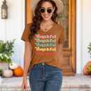 Thanksgiving Shirts for Women Thankful V Neck Shirt Family Thanksgiving Gifts Short Sleeve Tee Fall Top (Brown, S)