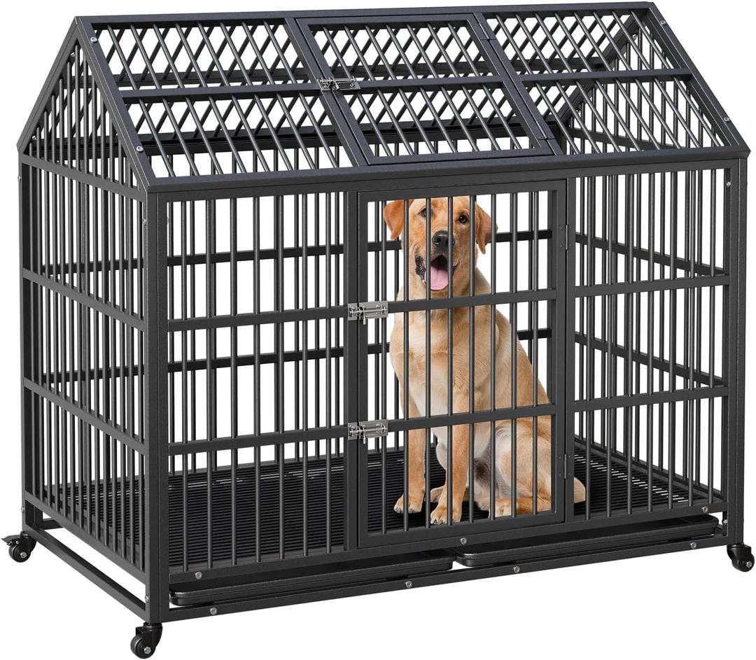 52 Inch Heavy Duty Dog Crate, Indestructible Metal Dog Kennel for Large Medium Small Dogs, Indoor Dog Cage with Lockable Wheels and Removable Tray