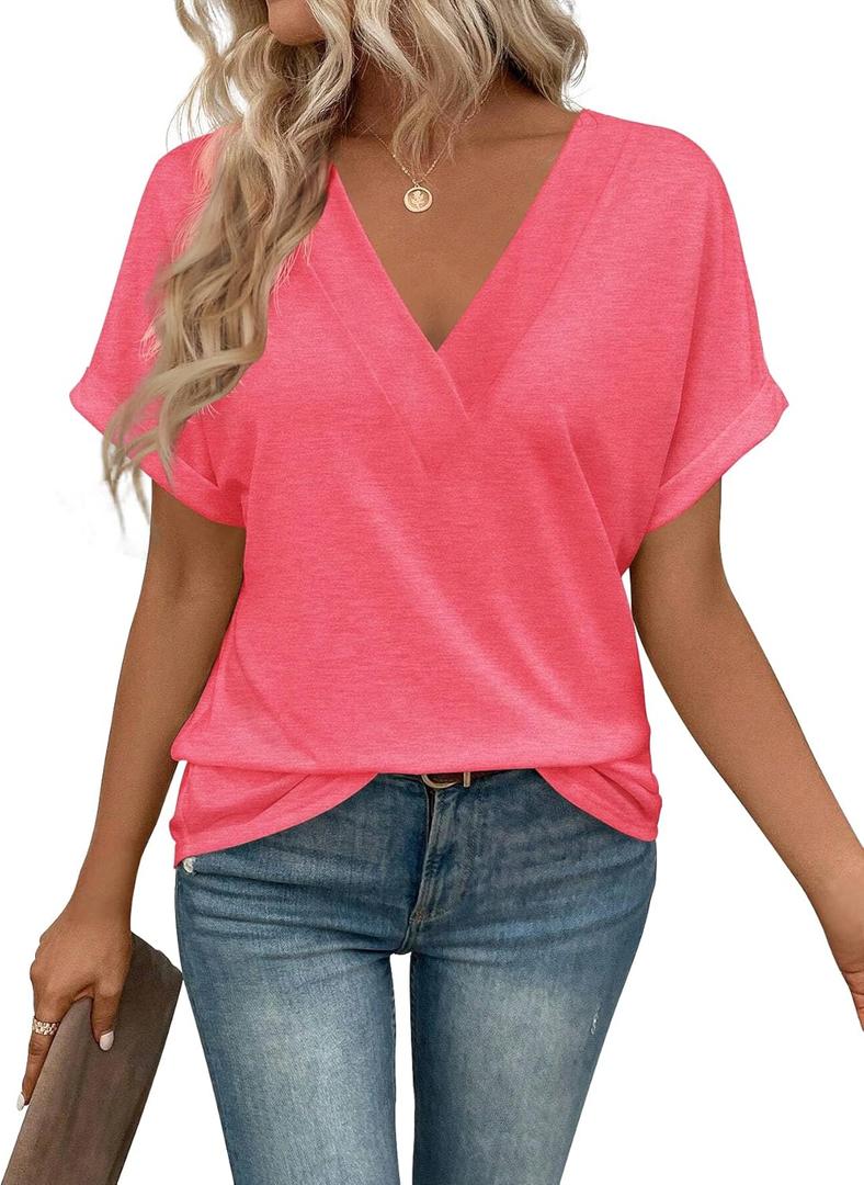 Women Tops Short Sleeve V Neck Tees Fashion T Shirts Loose Fit Comfy Soft Casual Summer Blouses 2026, Watermelon Red, M