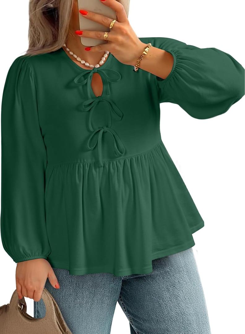 AlvaQ Womens Plus Size Tops Fall Fashion Bow Tie Front Puff Sleeve Crewneck Babydoll Peplum Blouses Shirt 1X (Green)