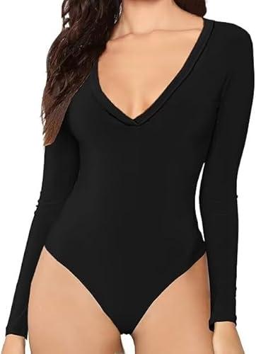 BONITEE Women Sexy Deep V Neck Bodysuit Casual Long Sleeve Bodysuits Slim Fit Thong Clothes, Size: XL