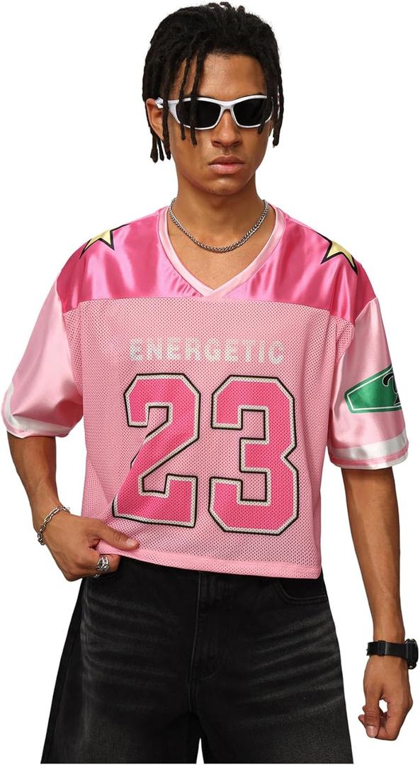 SHENHE Men's Graphic Football Jersey Short Sleeve Number Print Y2k Crop Tee Jersey Top (Medium, Pink)