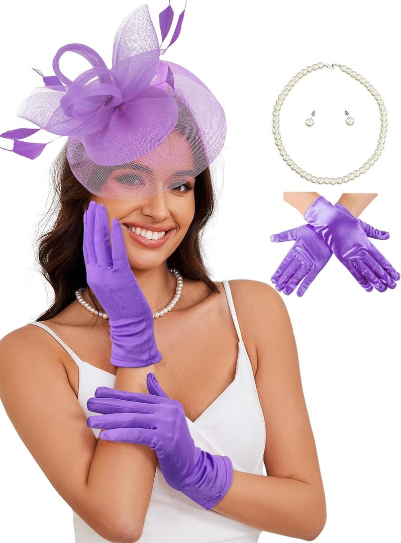 Ibeauti Fascinator Hats with Screentouch Lace Gloves Set for Women Tea Party Cocktail Wedding Derby Headwear Short Gloves