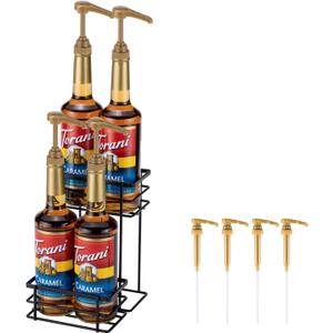 Coffee Syrup Organizer, 4 Bottle Capacity Syrup Stand, 2 Tier Syrup Rack for Coffee Bar Accessories with 4 Coffee Syrup Pump, Syrup Holder for Kitchen, Storage for Syrup, Wine, DressingBlack