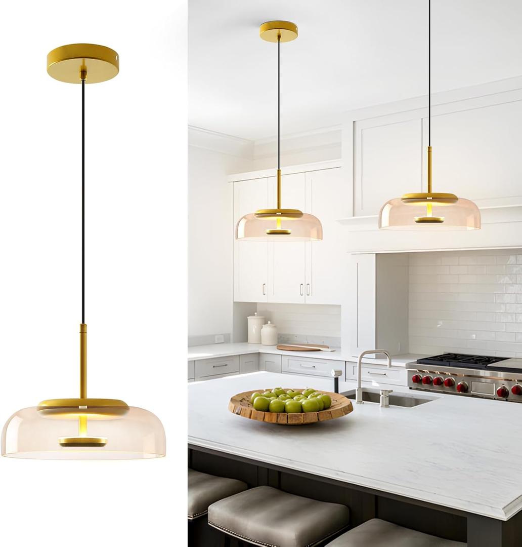 Kitchen Island Pendant Light Fixtures 3000K LED Gold Modern Ceiling Hanging Lighting White Glass Shade Nordic Style Adjustable Pendant Lamp for Dining Room Bedroom Hallway - 1 Pack, Amber