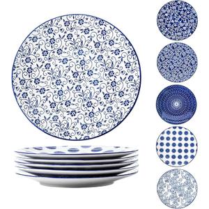 Gibsimi Ceramic Dinner Plates Set - 10.5 Inch Large Kitchen Porcelain Salad Serving - Scratch Resistant Microwave Oven Dishwasher Safe - Dishes for Pizza Pancakes Pasta Steak - Set of 6 - Vintage Blue