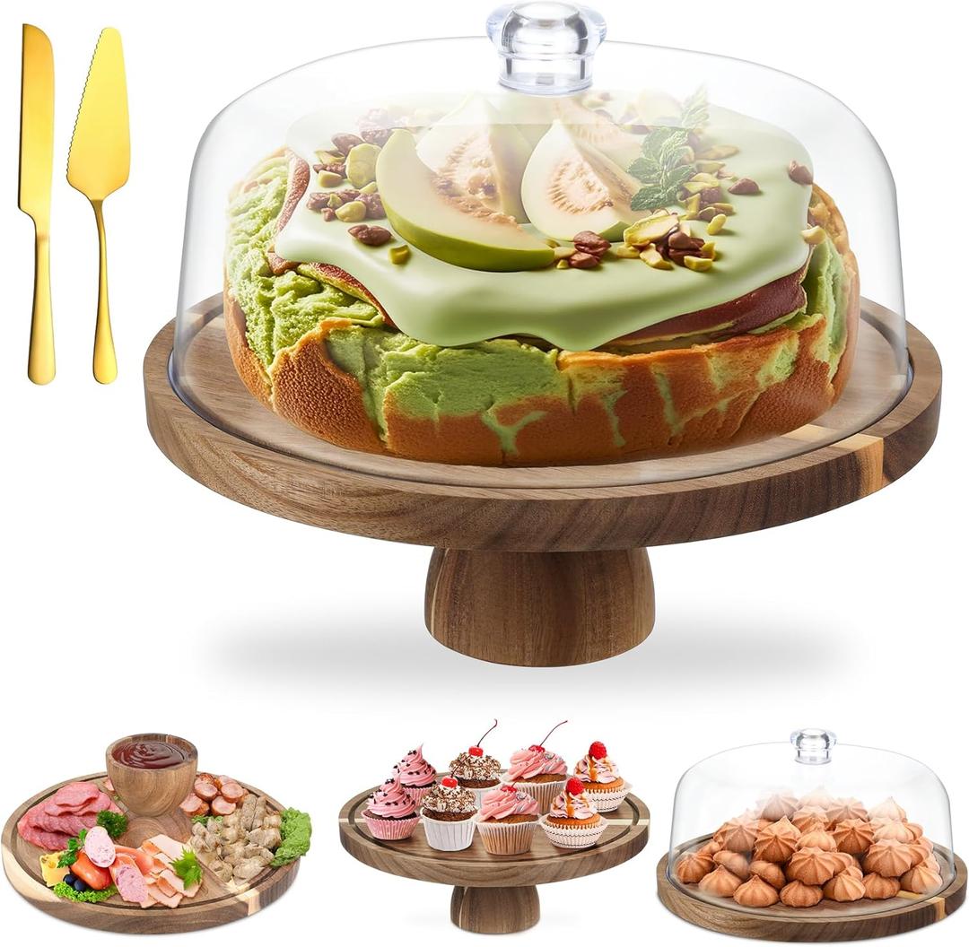 Acacia Wood Cake Stand with Lid, 12'' Round Cake Holder with Clear Acrylic Cover, 2 in 1 Dessert Table Display Set & Charcuterie Board, Kitchen Decor for Birthday or Wedding