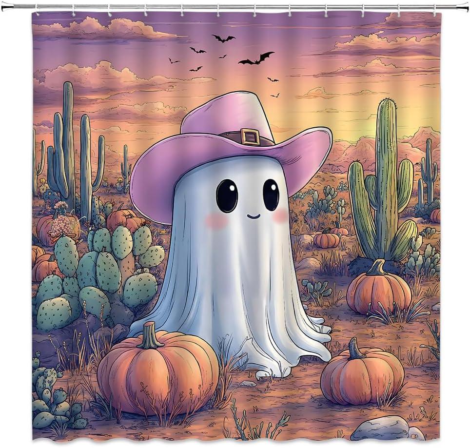 Halloween Desert Ghost Shower Curtain Tropical Cactus Pumpkin Scary Bat Mountain Sunset Scene Bathroom Decor Polyester Curtains with Hooks,70Wx70L (Orange)
