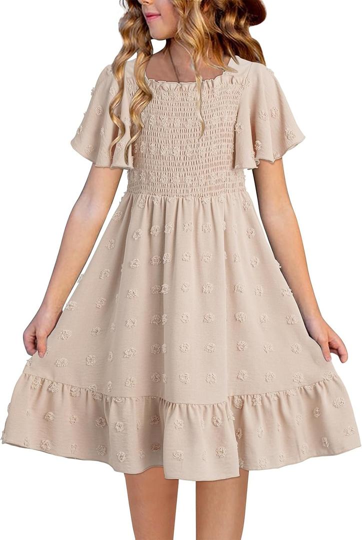 Blibean Tween Girls Summer Dresses Kids Polka Dot Dress Size 6-7 Years (Beige)