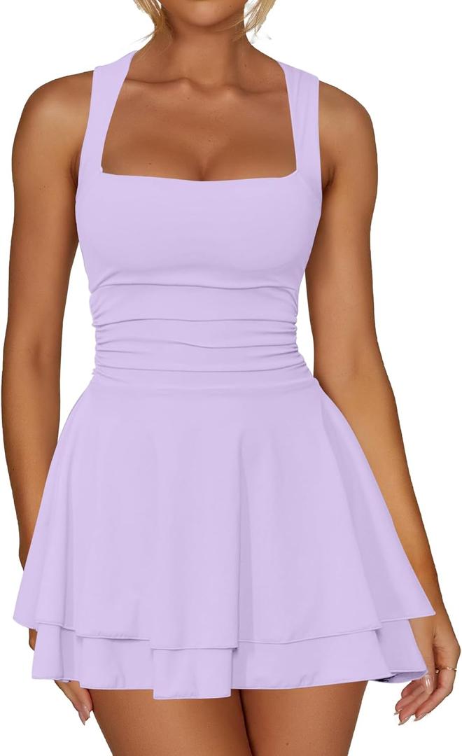 Kaximil Women's Square Neck Ruffle Hem Mini Dress Ruched Waist Short Party Dresses (Medium, Purple)