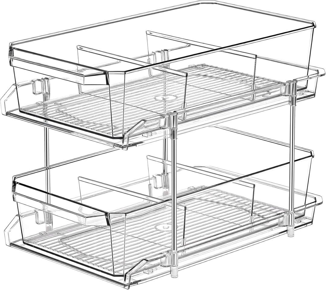 2 Tier Clear Organizer with Dividers for Cabinet, Shlef, Counter - Multi Use Slide-Out Storage Container - Kitchen, Pantry, Medicine Cupboard Bins, Bathroom, Vanity Makeup, Under Sink Organizing (8" W - 1 Set)