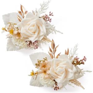 Serwalin Set of 2 Wrist Corsage for Wedding, 6-7 Inch Corsages for Bridesmaid Mother Grandmother, Artificial Flowers for Prom Ceremony Anniversary Cake Topper (Champagne)