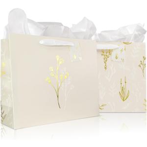 Beautiful Gift Bags Set of 2 - Large 13" Bags with Handles incl. Matching Tissue Paper, Cards & Stickers - Reusable and Perfect For Presents of Any Birthday, Weddings, Mothers Day & Special Occasion (Beige)