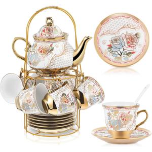 Zhehao 20 Pcs Porcelain Tea Set with Metal Holder and Spoon Adult Ceramic Tea Party Set European Flower Painting Teapot Cup Saucer Spoon Set for Women, Large Version(Minimalist Style)