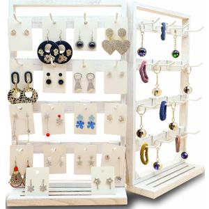 Wooden Foldable Jewelry Display Stand with Removable 32 Hooks, Earring Cards necklace bracelet Keychain Showcase Merchandise Organizer For Selling For vendor events(White)