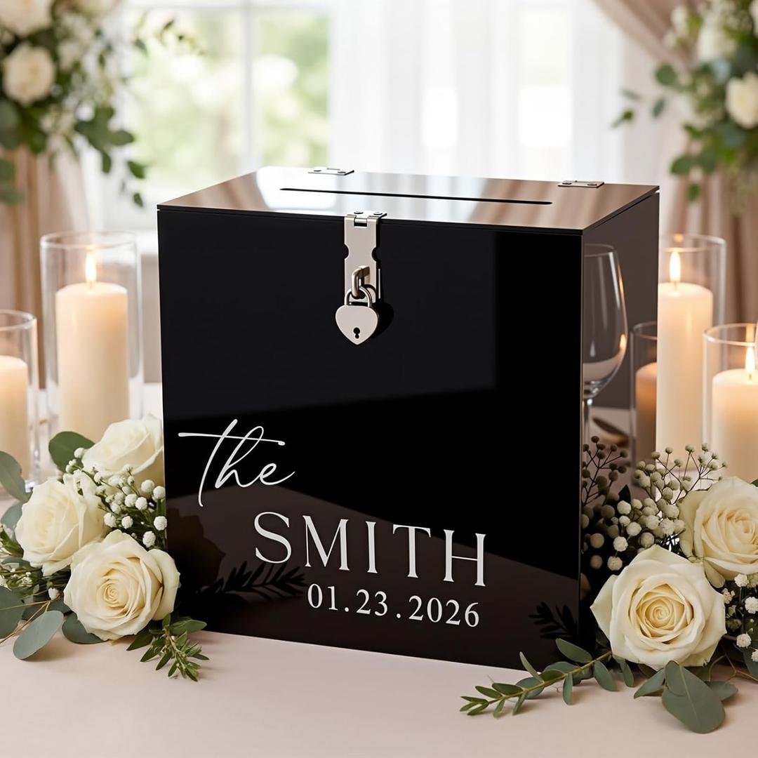 LemonRoad Black 10 Inches Wedding Acrylic Card Gift Box with Lock Slot and Last Name Transfers Money Box for Bridal Shower Wedding, Honeymoon, Baby Shower Birthday Party Reception Decoration