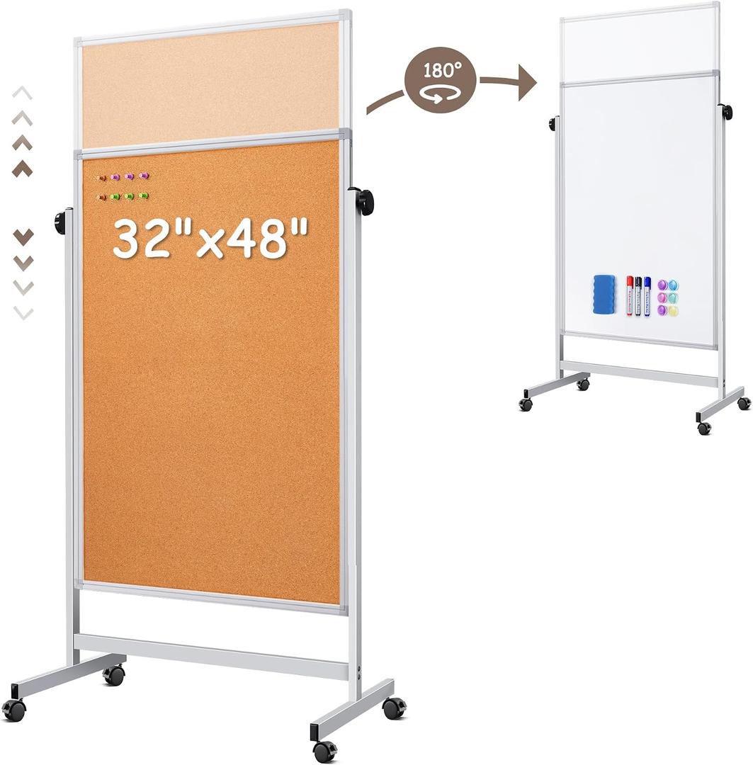 Double Sided Cork Board White Board, 32 x 48 inches Large Cork Board for Office, Height Adjustable Magnetic Dry Erase Board on Wheels, Portable Freestanding Natural Corkboard for Displaying, Planning