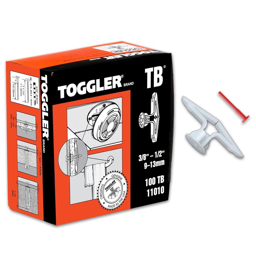 TOGGLER Toggle TB Residential Drywall Anchor, Polypropylene, Made in US, 3/8" to 1/2" Grip Range, For #6 to #14 Fastener Sizes (Pack of 100)