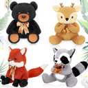 Zomiboo 4 Pcs Woodland Stuffed Animal Jungle Animal Toy Set Including Plush Elk Fox Raccoon Bear Realistic Black Toy Woodland Forest Animals Mini Plush Wild Animals Toys for Valentine's Day Birthday