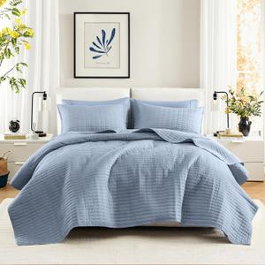 Comfort Spaces Kienna Quilt Set- Double Sided Stitching Design Summer Blanket, Lightweight, Soft, All Season Bedding Layer, Matching Sham, Blue, Coverlet Full/Queen(90"x90") 3 Piece