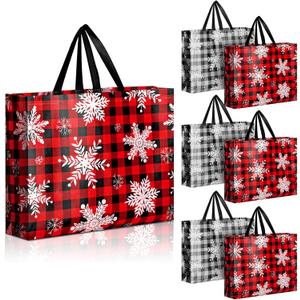 Abbylike 8 Pcs Large Christmas Reusable Gift Bags Holiday Snowflake Buffalo Plaid Tote Bags with Handles Non Woven Xmas Gift (Red, White, Black)